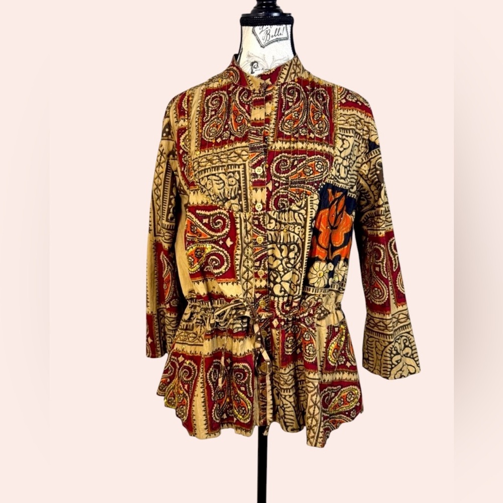 New Directions Cotton Multicolor Patterned/ beading Tie at Waist Button Down Top